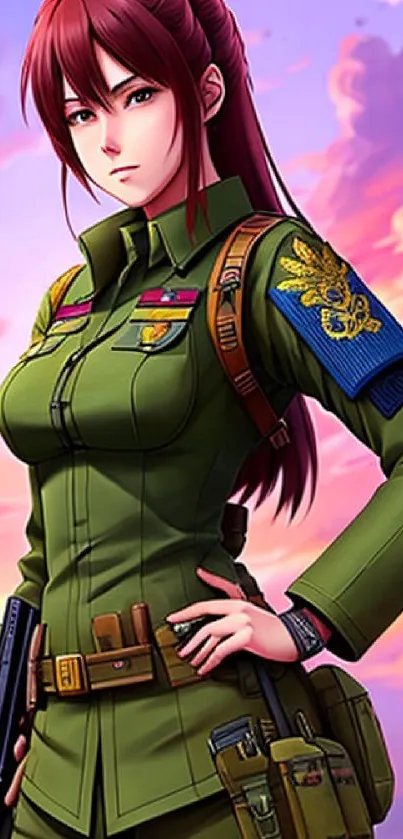 Anime soldier in green uniform with sunset background.