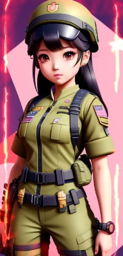 Anime soldier girl in olive green uniform on colorful background.