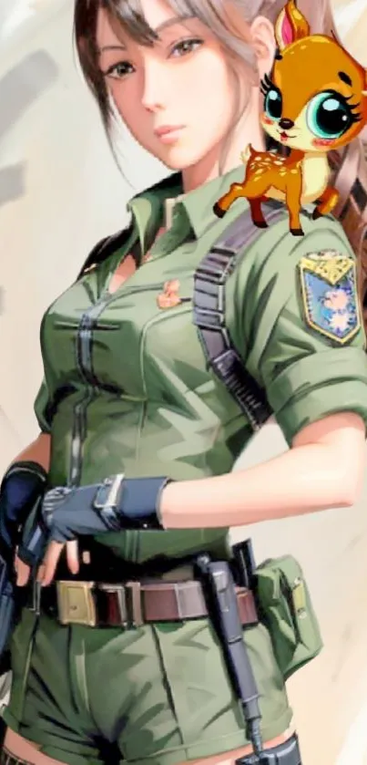 Anime soldier with a cute cartoon fawn on her shoulder, perfect mobile wallpaper.