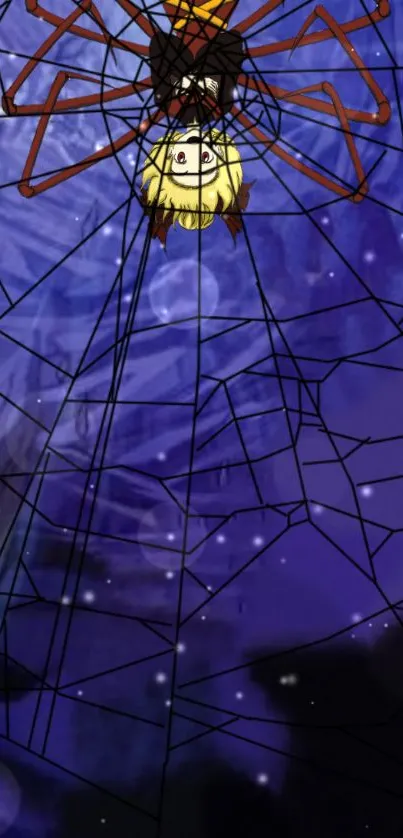 Anime character in spider web with purple background.