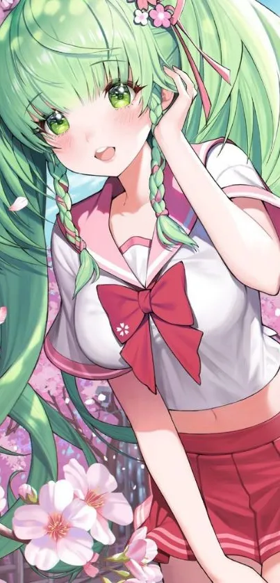 Anime girl with green hair and cherry blossoms background.