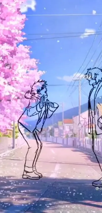 Anime sketch with cherry blossoms on a spring street.