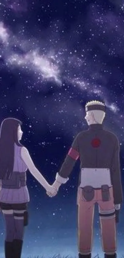 Anime couple holding hands under a starry night sky illustration.