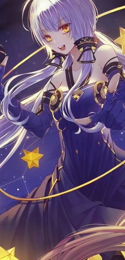 Anime singer in starry sky with microphone and glowing stars.