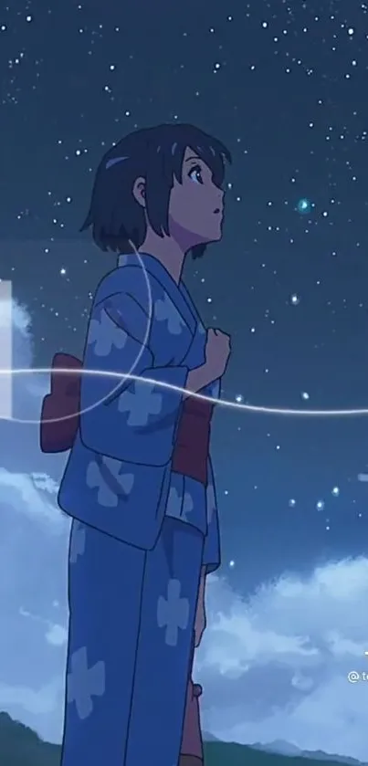 Anime character in kimono under starry night sky.