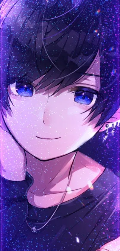 Anime character with blue eyes and a starry purple background.