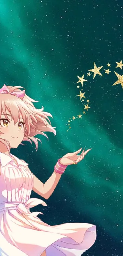 Anime girl reaching for stars with a starry, galaxy background.