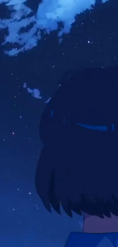 Anime figure gazing at a starry night sky with deep blue hues.