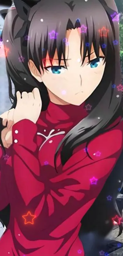 Anime character in red dress with starry background.