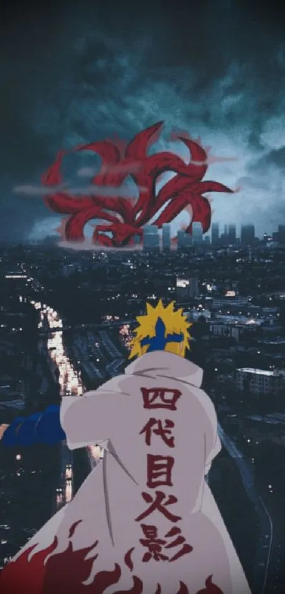 Anime character overlooking a stormy city skyline at night.