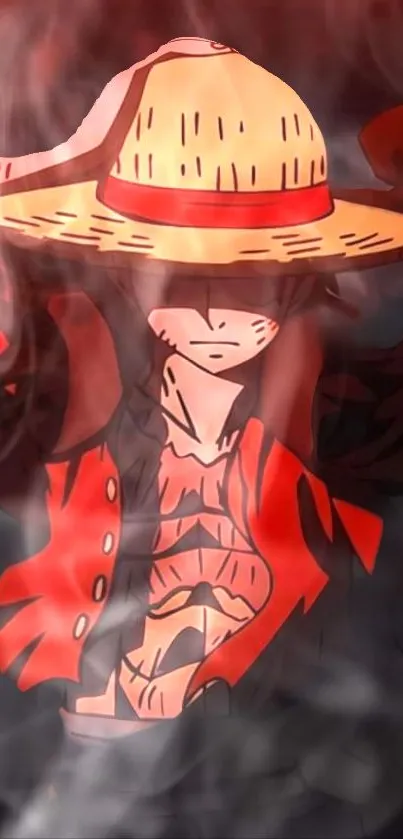 Anime character with straw hat and red jacket in fiery, smoky background.