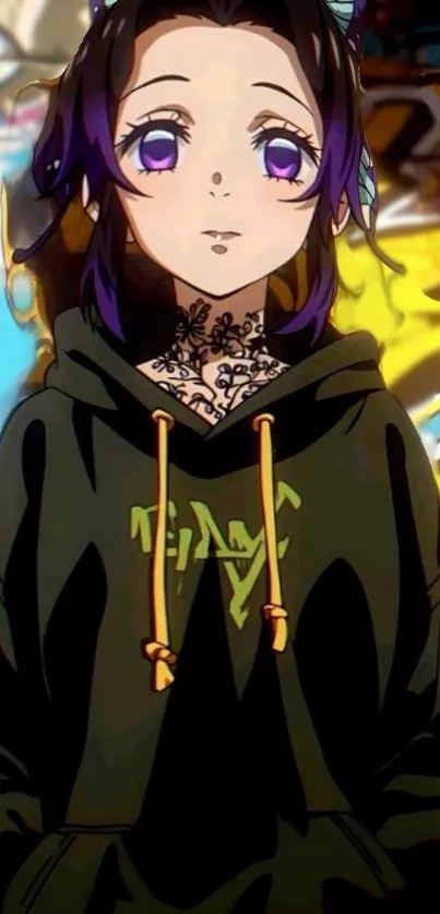 Anime character in hoodie with graffiti backdrop.