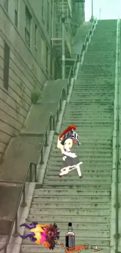 Anime character leaping on urban street art stairs.