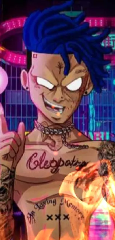 Vibrant anime character with tattoos in neon cityscape.