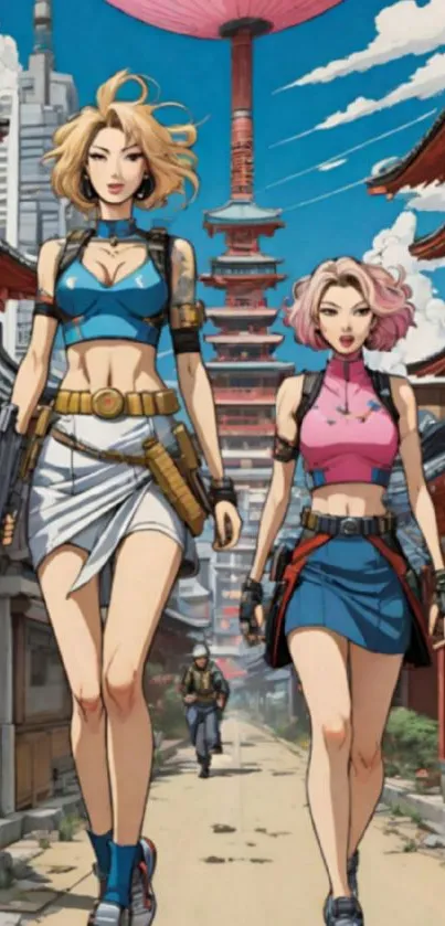Anime-inspired samurai street style artwork with vibrant characters.
