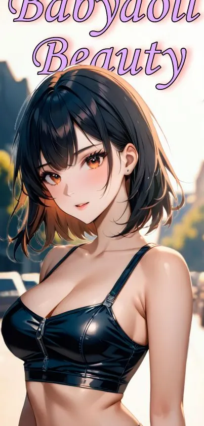 Anime girl in urban street style with dark hair and vibrant background.