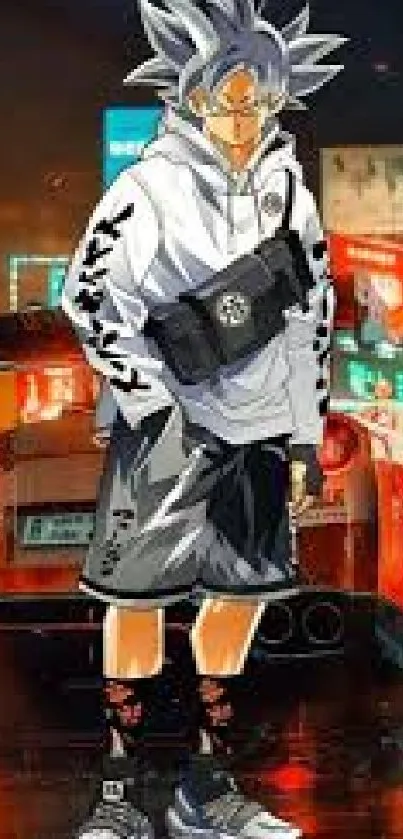 Anime character in street style attire with city background.