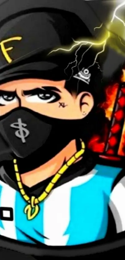 Anime character with mask and streetwear, featuring lightning and fire.