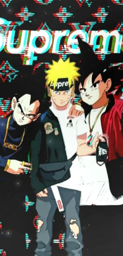 Anime characters in streetwear with colorful backdrop.