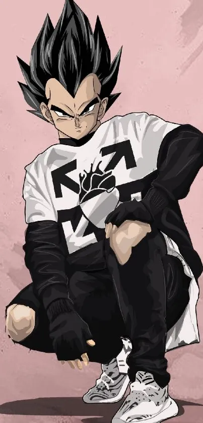 Anime character in streetwear against a pink background.