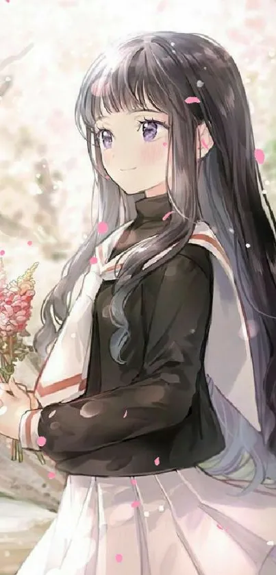 Anime schoolgirl with cherry blossoms on a mobile wallpaper.