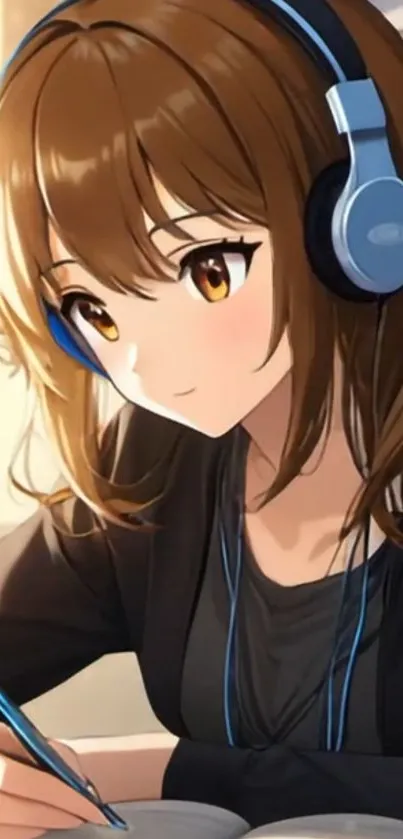 Anime girl with headphones studying, detailed art.