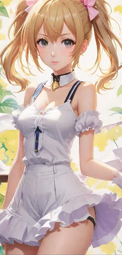 Anime-style girl with a light pink background, in a sunlit room.