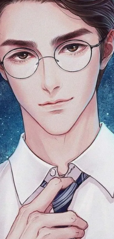 Anime style male portrait with glasses and tie in blue tones.