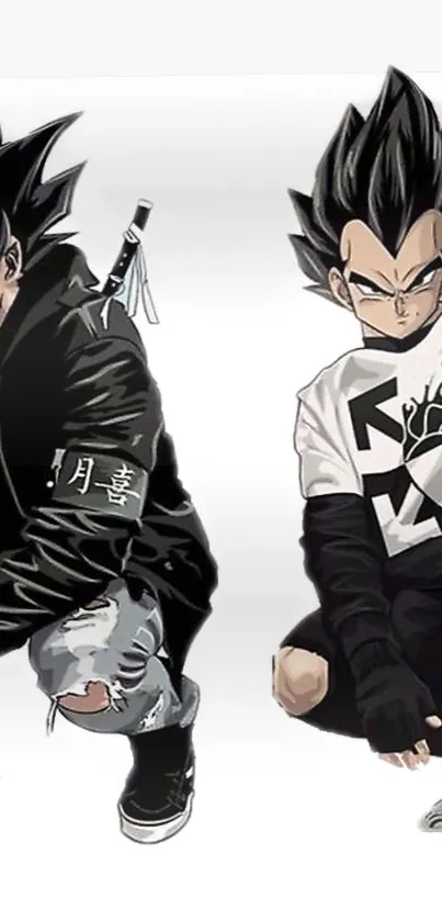 Black and white anime characters in stylish modern attire.