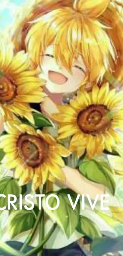 Anime character with sunflowers, radiating joy.