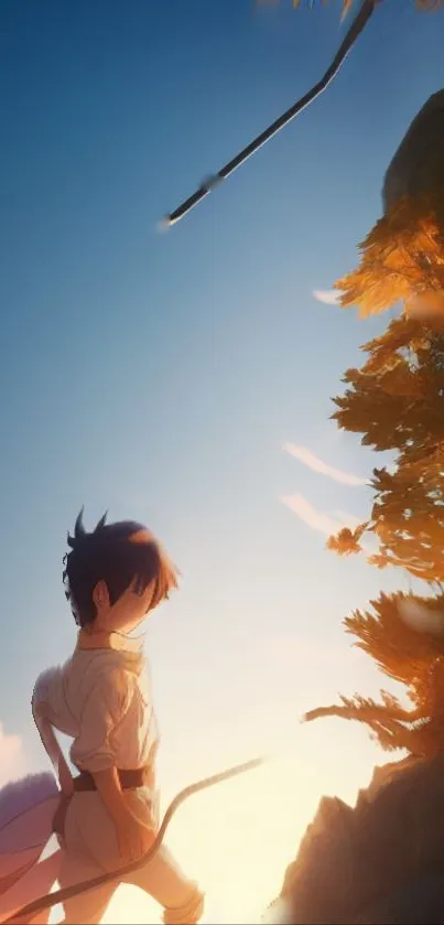 Anime character in sunset adventure scene with vibrant colors.