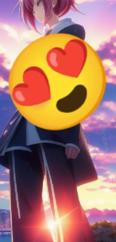 Anime character standing at sunset with vibrant sky colors.