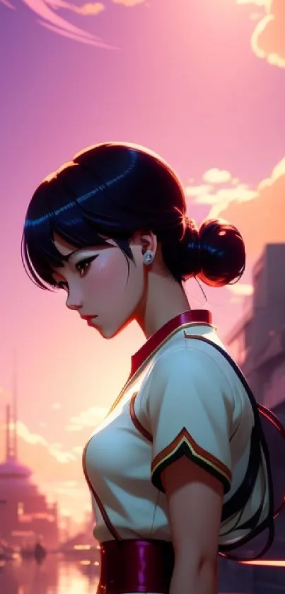 Anime character in city at sunset with pink sky and urban background.