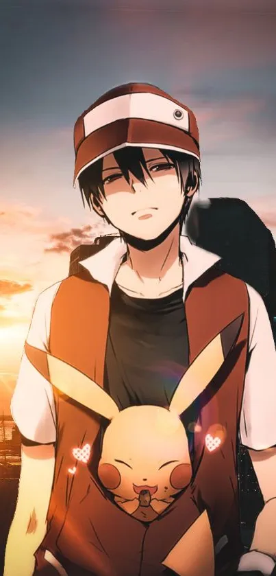 Anime character with Pikachu in sunset cityscape.