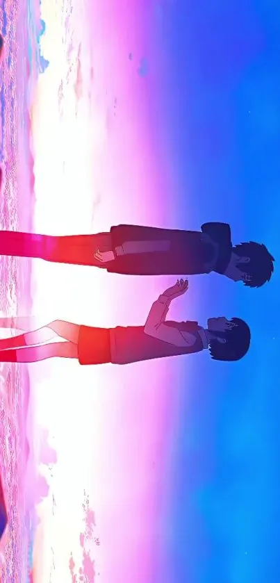 Silhouetted anime couple with vibrant sunset sky.