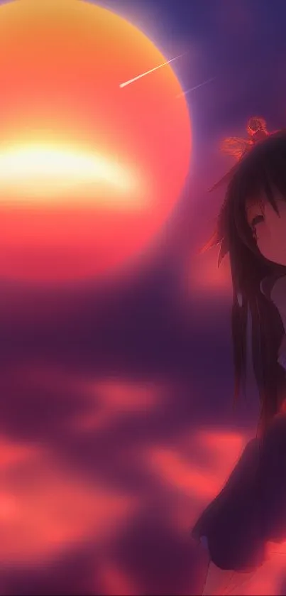 Beautiful anime girl at sunset in serene ocean scene.