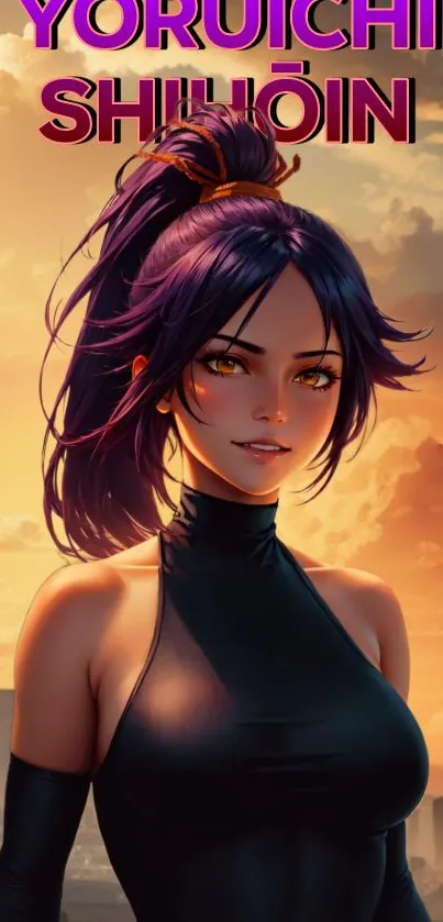 Anime girl with purple hair in sunset backdrop.