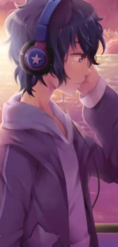 Anime boy with headphones against a sunset backdrop.