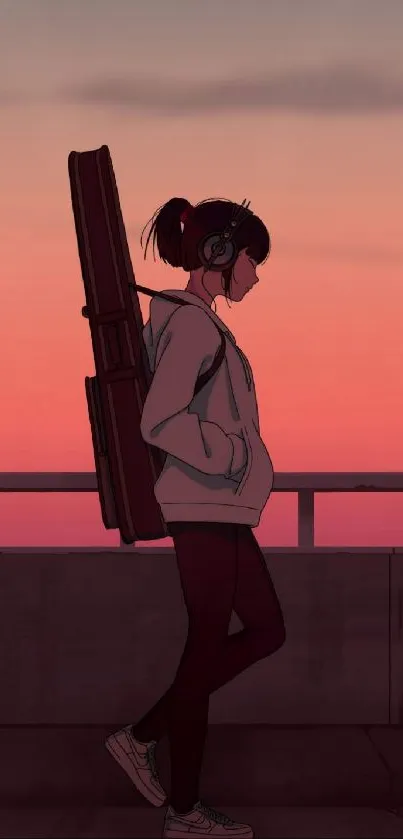 Anime girl walks at sunset with headphones in vibrant mobile wallpaper.