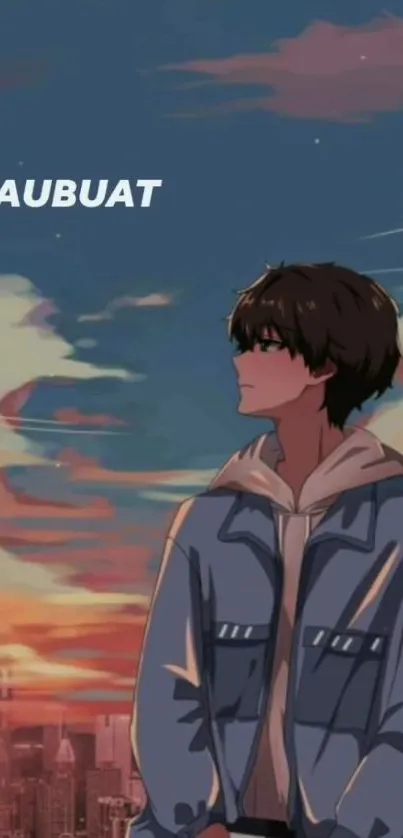 Anime character under a sunset sky with cityscape view.