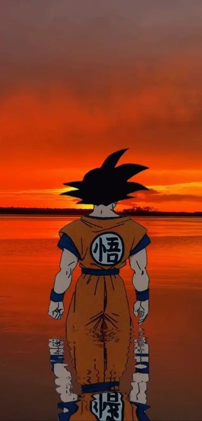 Anime character reflecting in a vibrant orange sunset over calm water.