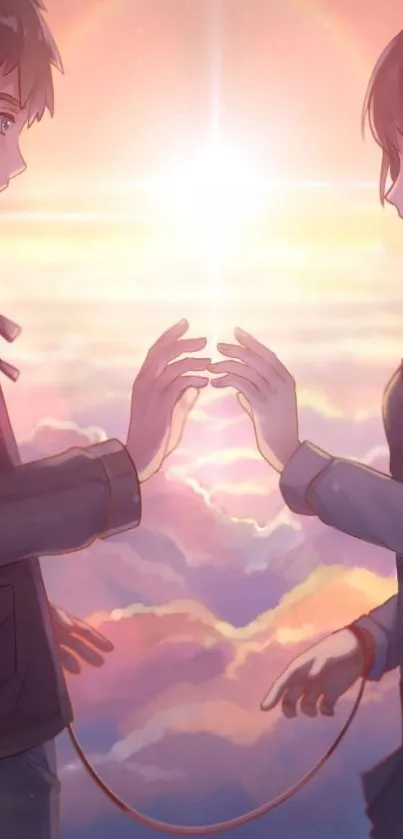 Anime characters at sunset, touching hands.