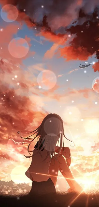 Anime silhouette at sunset with vivid sky and glowing clouds.