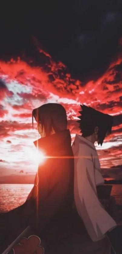 Anime characters silhouetted against a vivid red sunset.