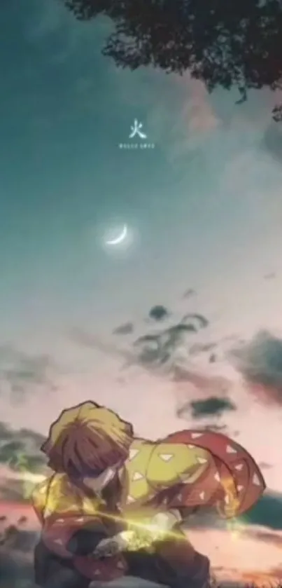 Anime character under crescent moon in serene evening sky.