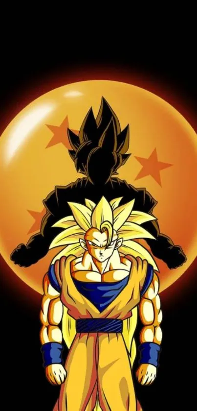 Anime character in Super Saiyan form with orange aura and silhouette backdrop.