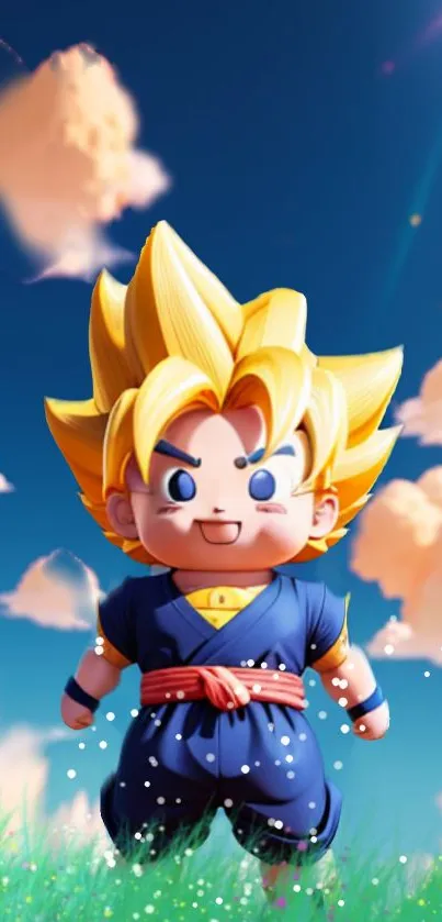 Anime Super Saiyan, vibrant style, blue sky background with clouds.