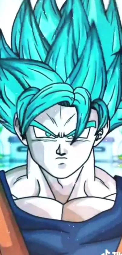 Anime character with blue hair, Super Saiyan transformation.