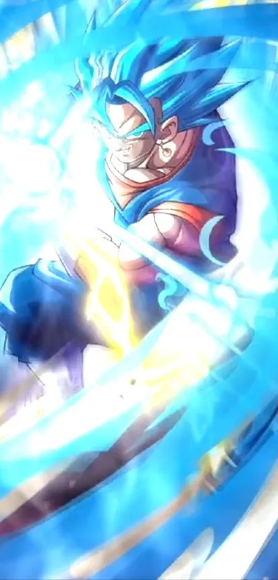 Anime superhero charging with blue aura