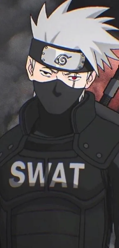 Anime character in SWAT gear with a dark background.